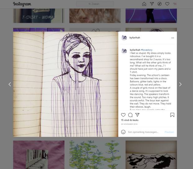 The byfarihah Instagram account, with a post open. The photo is a drawing, story is in the caption.
