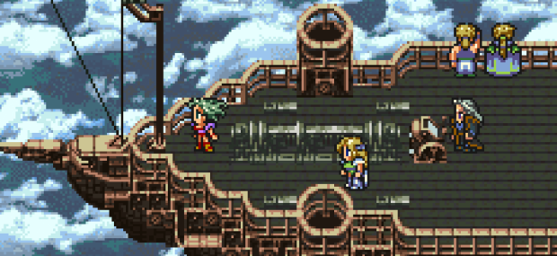 Gameplay: Pixellated art showing four humans stood on the deck of a flying ship.