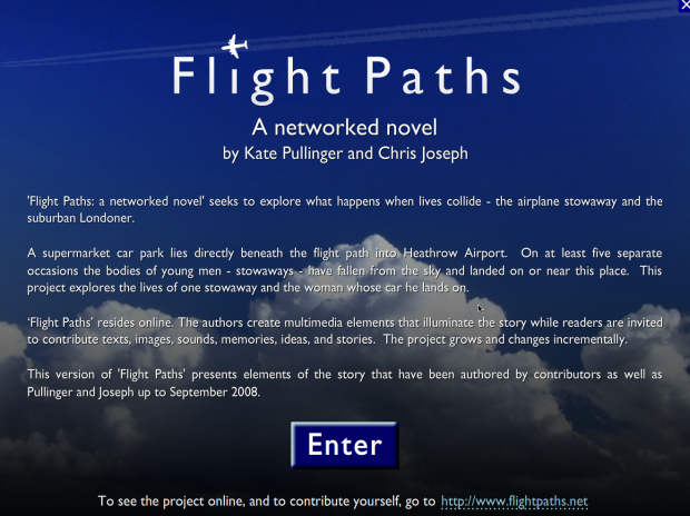 Flight Paths title screen. Placid blue sky with text