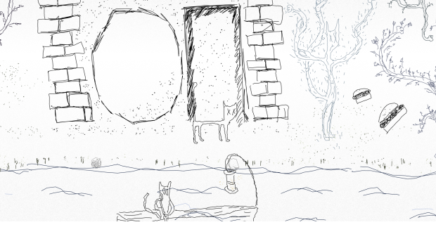 A screenshot of the work: Cat-like creatures and plants, with burgers, in a sketched environment.