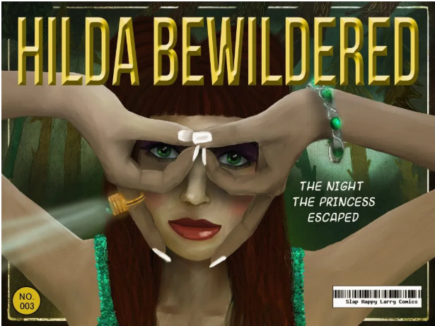 Cover image for Hilda Bewildered, a girl with long hair making an owl with her hands over her eyes