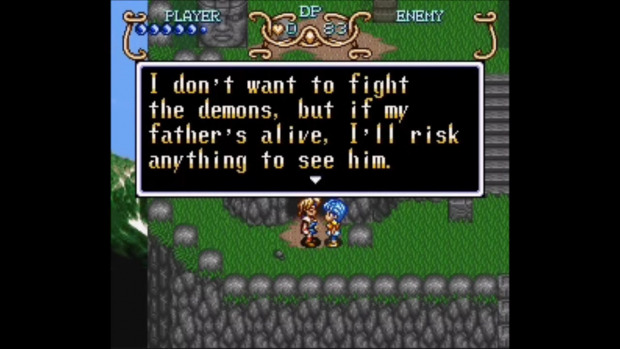 Game screenshot: Will (player) talks to a character, who is ready to fight demons to save his father