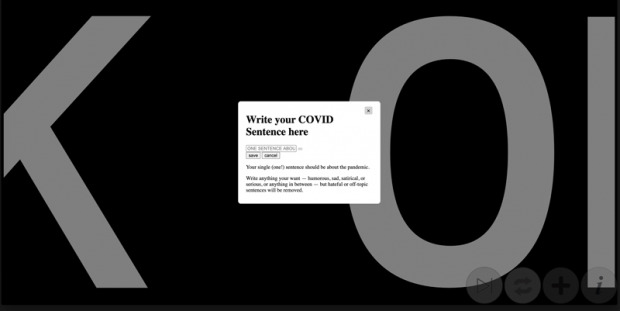 Smal white interaction menu overlaid on work, instructions: Write your COVID sentence here.