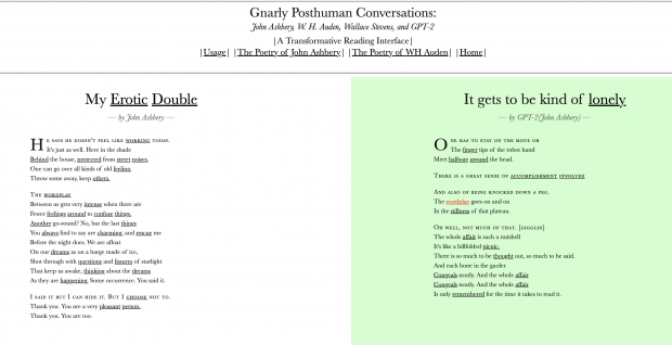 Double page spread of generated poems, left on white page, right on green.