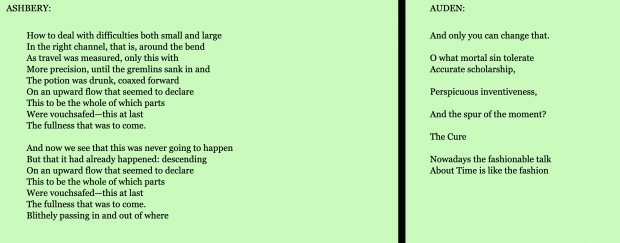 Double page spread of generated poems both on green pages, left is Ashbury, right is Auden.