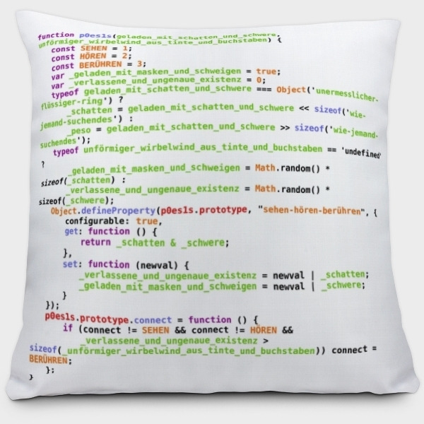 Another white pillow with poetry intertwined into HTML coding, depicted in green, red, and black.