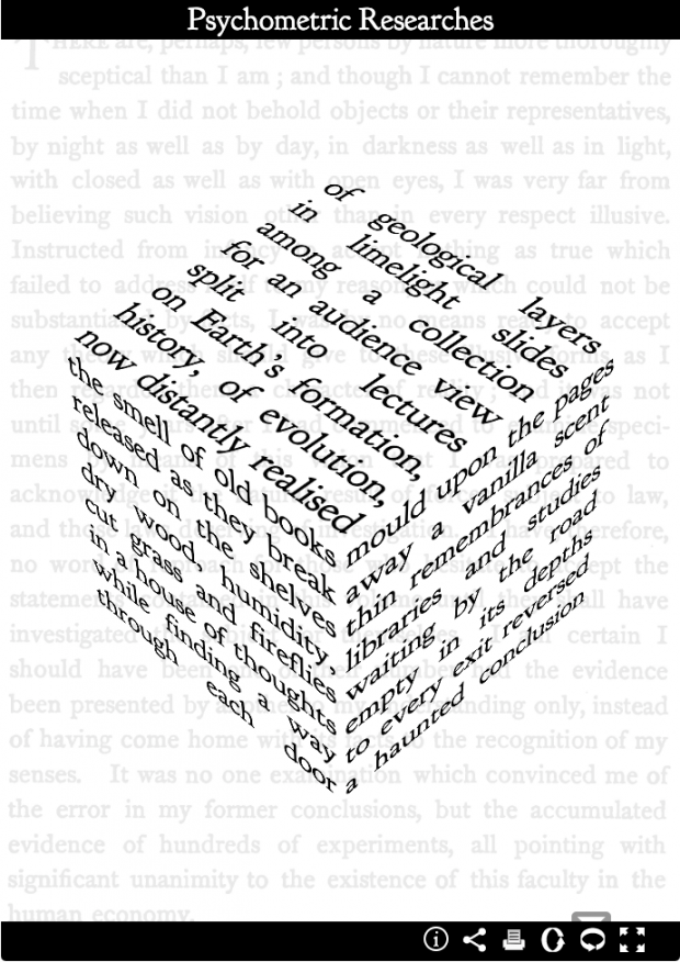 A cube made of different passages of text, displayed within a black frame, title at top.