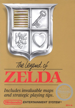 Box art: Title with Zelda in bright red text on a beige background with silver shield above.