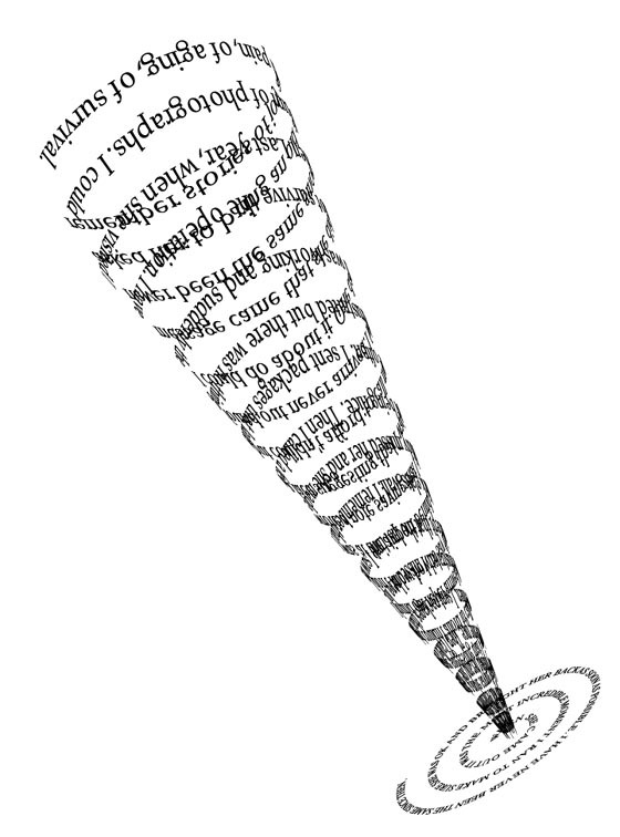 Still of Letter: A cone, made of a spiralling text, protudes from a 2D spiral. Black text on white.