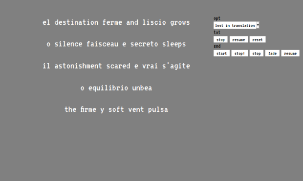 A grey screen with lines of poetry in white, center, with an interface, right.
