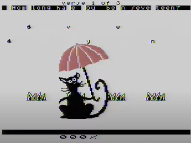Screenshot of the work: A pixel art black cat-rat holds a pink umbrella as letters fall from above.