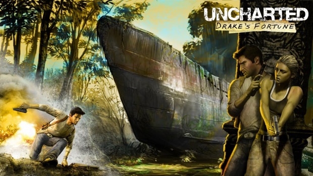 Promotional image showing game protagonists Nathan Drake and Elena Fisher in various poses.