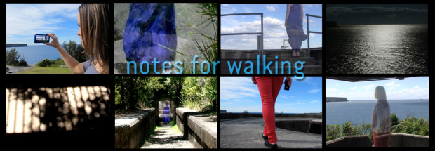 "Notes for Walking" overlaid over pictures of people and coastal scenery