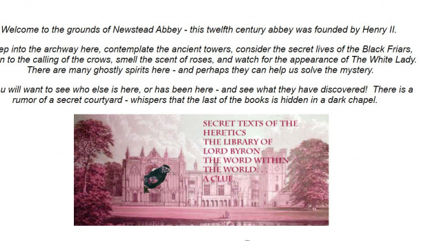 White page with black text detailing Newstead Abbey and interaction options, with illustration below