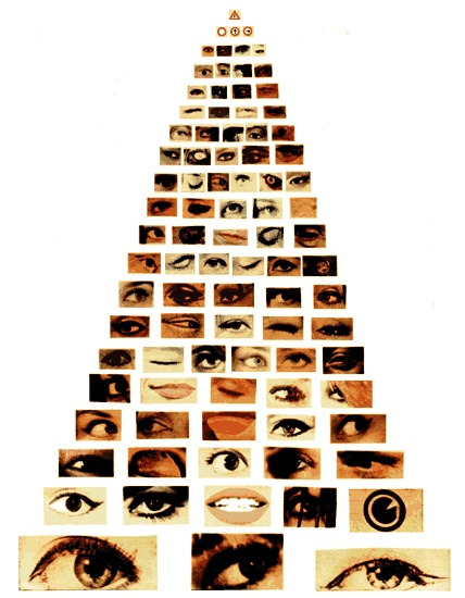 A narrow, tall triangle made of photographs of eyes, cropped into rectangular shapes.