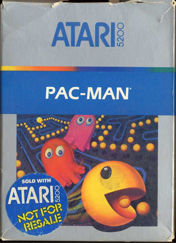 Game packaging for Pac-Man on ATARI, showing the eponymous character in 3D running from ghosts.