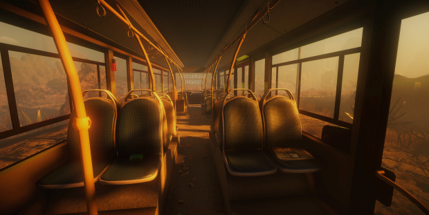 Inside of an abandoned bus in the same desert