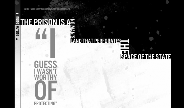 Screenshot of the work: Black background, white and grey fore. Narrative text frames prisoner quote.