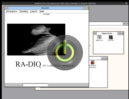 Three DOS emulator windows. The largest shows Ra-Dio's homepage