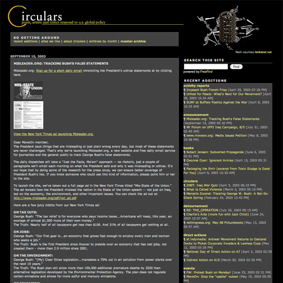 Screenshot of Circulars, looking like an early 21st century blog. 