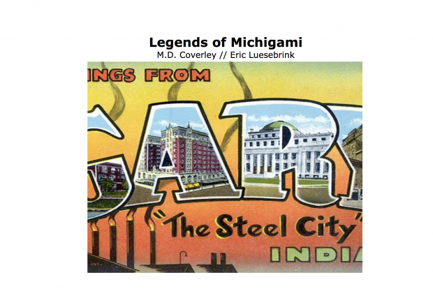 A rectangular section of a tourist postcard from Indiana, with work title and author listed above.