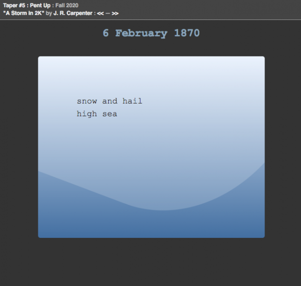 A blue square with a wave effect in the bottom, two lines of text: snow and hail, high sea