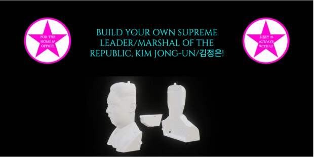 Black page with neon blue text: instructing user to construct a 3D model of Kim Jong-Un, below.