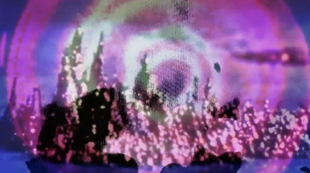 A screen capture of the work: Various images overlaid atop each other in shades of purple and blue.