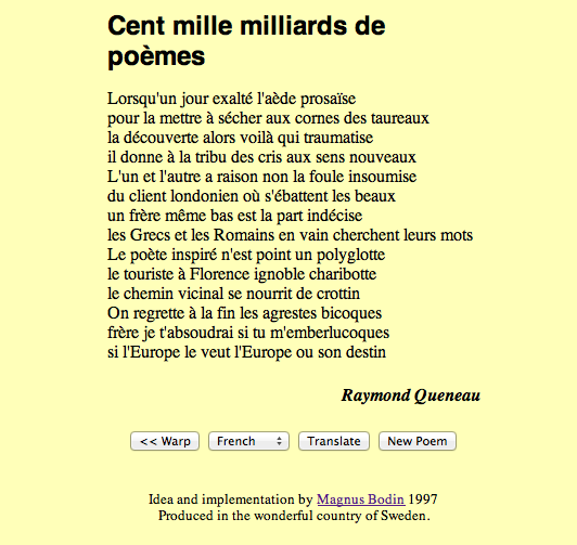 Screenshot of one of the poems generated by the 1997 web version of Cent mille milliards de poèmes.