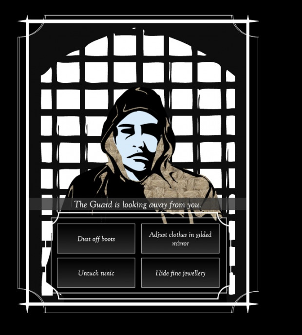 Screenshot of the work. A man in a hood poses a question. The player has four choices
