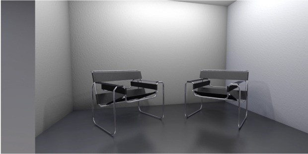 Two designer chairs in a grey room