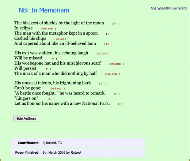 A poem titled "NB: In Memoriam", blue title with black text on a green page.