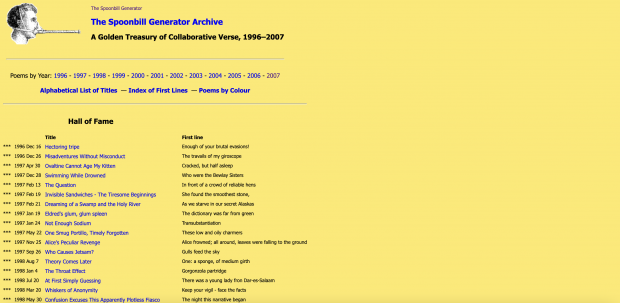 Page listing all of the submitted poems, spanning from 1996 to 2007. Black text, yellow background.