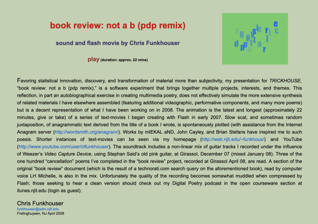 Screenshot of webpage: book review: not a b (pdp remix)  sound and flash movie by Chris Funkhouser