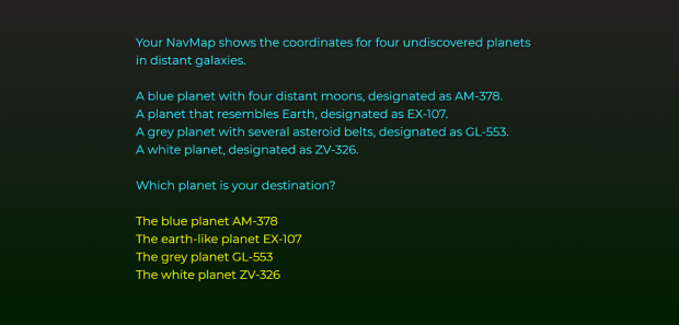 Space exploration passage showing four different planets the player can explore
