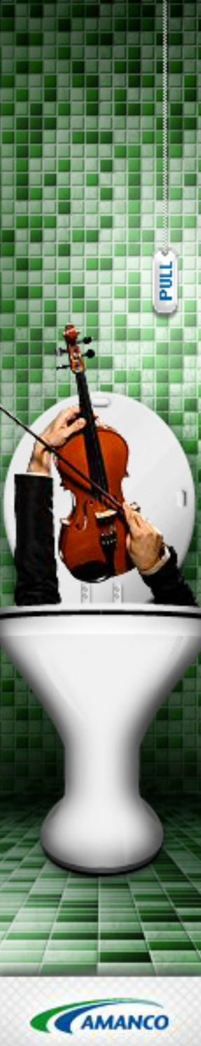 A vertical banner of green tiles with a toilet at bottom, with a violin and arms protuding from it.