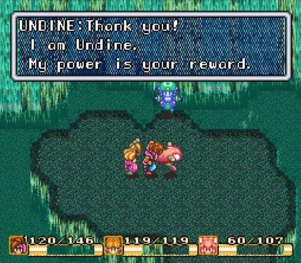 Gameplay screenshot: Player party of three are rewarded by an NPC called Undine. Health bars below.