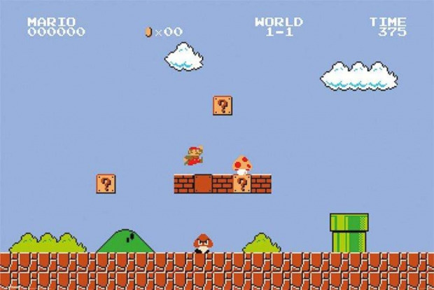 A small, red-dressed plumber jumps on top of a brick platform onto a rolling landscape.