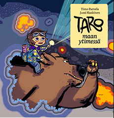 The cover of the work, a child riding a bear with a flashlight
