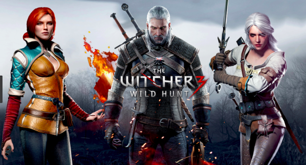 Promotional image: Three characters, including Geralt, stood with weapons drawn, looking outwards.