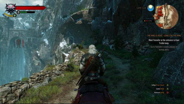 Gameplay: The player (Geralt) rides a horse on a path on a cliff, with menu on either side of screen