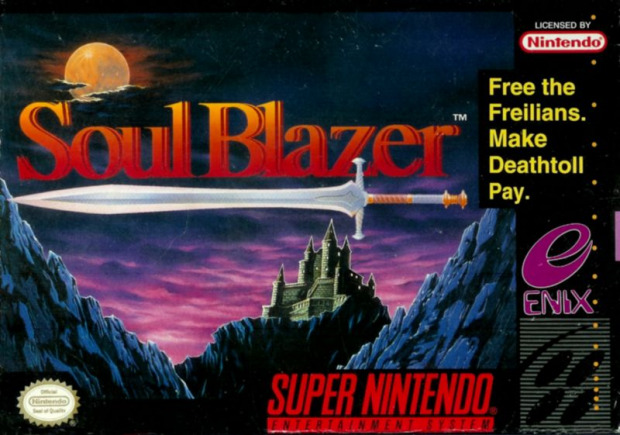 Packaging: Soul Blazer in red gradient font, underlined by a sword, castle and sky in background.