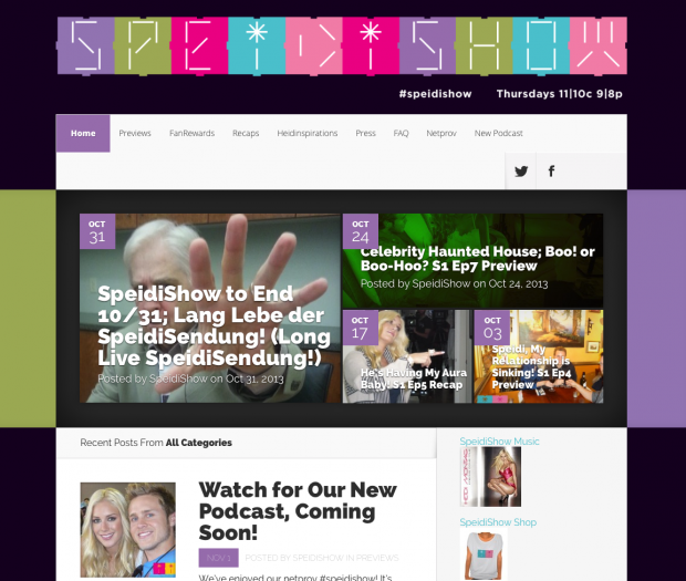 Homepage of SpeidiShow, styled to a tabloidd newspaper