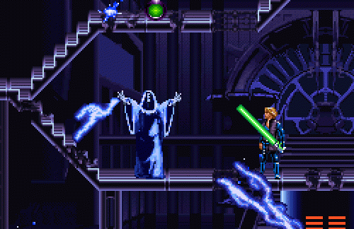 Screenshot of the game: Luke Skywalker, far right, looks at a Sith (far left) enemy.