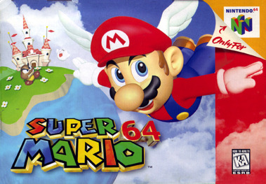 Promotional art of a winged Mario flying above the game title, by a small world with a castle.
