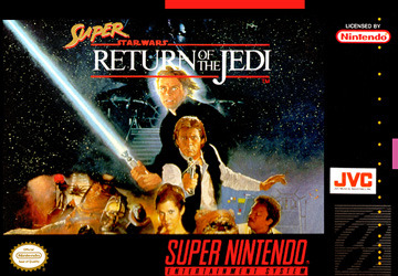 Super Star Wars: Return of the Jedi box art: black background and movie poster art of the characters