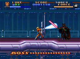 The game in play: Luke Skywalker (player) and Darth Vader fight, with health bars displayed above.