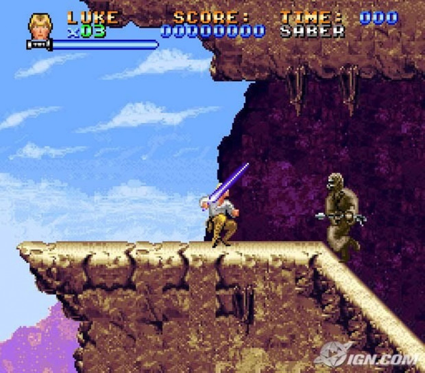Game screenshot: Desert level on Tatooine, with Luke Skywalker (player) approaching a Tuscan Raider.