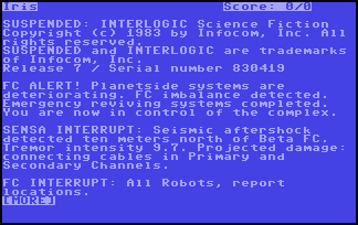 Opening of the game, depicted via white text descriptions on a blue background, beginning FC ALERT!