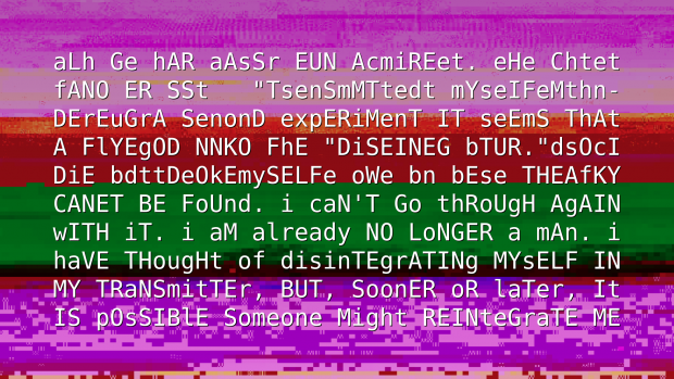 A screen with glitched text, mostly English, over a glitched image.